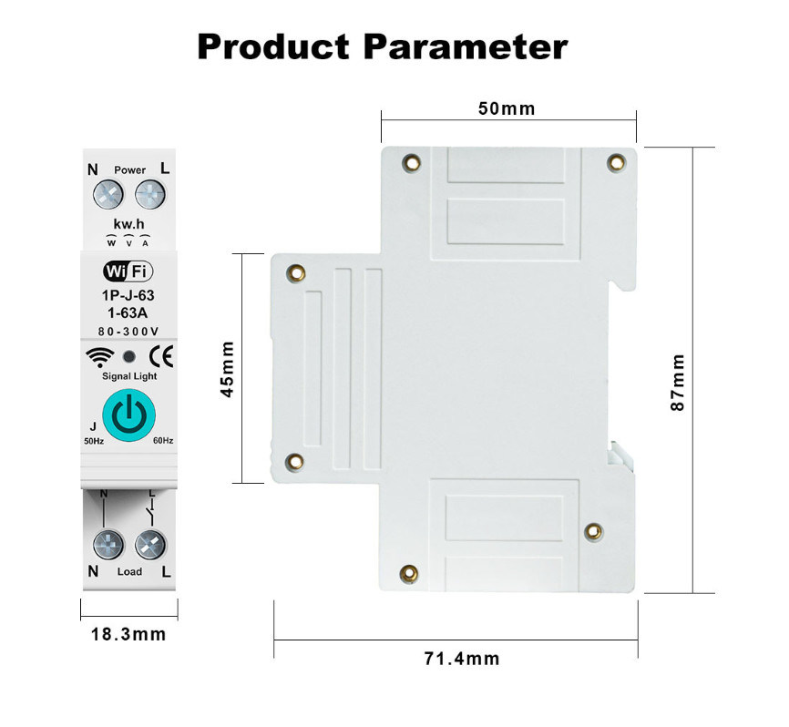 Tuya WiFi Smart Circuit Breaker Switch Contador de fase única sobre controle remoto móvel atual temporizador de múltiplas funções
