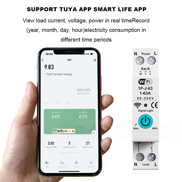 Tuya WiFi Smart Circuit Breaker Switch Contador de fase única sobre controle remoto móvel atual temporizador de múltiplas funções