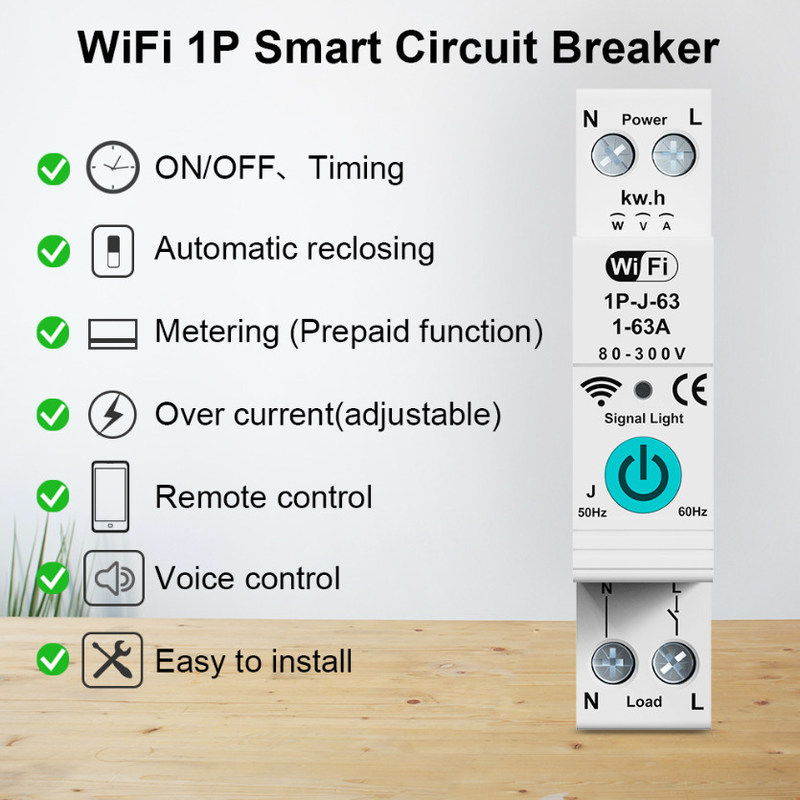 Tuya WiFi Smart Circuit Breaker Switch Contador de fase única sobre controle remoto móvel atual temporizador de múltiplas funções