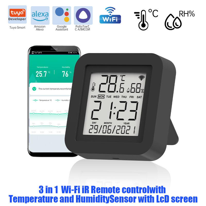 SIXWGH Dispositivo Inteligente de Automação Residencial 3 em 1 Tuya Wi-Fi Controle Remoto IR Tela LCD Sensor de Temperatura e Umidade Controle por Voz
