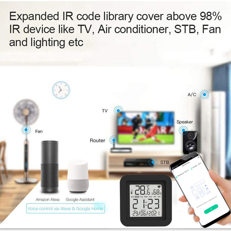 SIXWGH Dispositivo Inteligente de Automação Residencial 3 em 1 Tuya Wi-Fi Controle Remoto IR Tela LCD Sensor de Temperatura e Umidade Controle por Voz