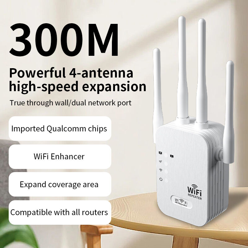 300Mbps WiFi Range Extender, 4-Antenna Wireless Repeater, 2.4G Signal Booster with Dual Ethernet Ports, AP/Relay Mode, Wall-Through Coverage for Home & Office